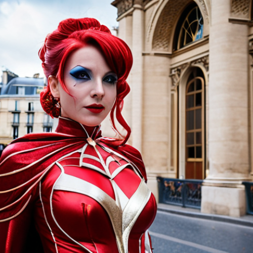 Home 4 **
Prompt: A vibrant cosplay convention scene in Paris. A cosplayer dressed as "Lady Electra" strikes a pose, showcasing an elegant superhero costume with intricate details. Focus on the high-quality fabrics and shimmering accessories. The background features excited convention attendees and Parisian architecture. Cinematic lighting, dynamic composition, focus on detail and craftsmanship.
**