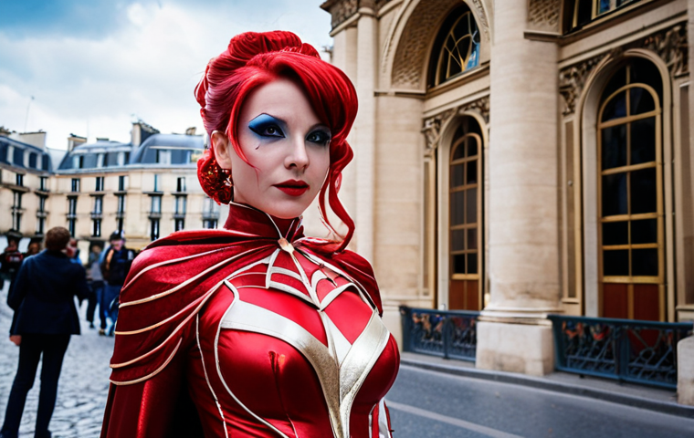 **
Prompt: A vibrant cosplay convention scene in Paris. A cosplayer dressed as "Lady Electra" strikes a pose, showcasing an elegant superhero costume with intricate details. Focus on the high-quality fabrics and shimmering accessories. The background features excited convention attendees and Parisian architecture. Cinematic lighting, dynamic composition, focus on detail and craftsmanship.
**